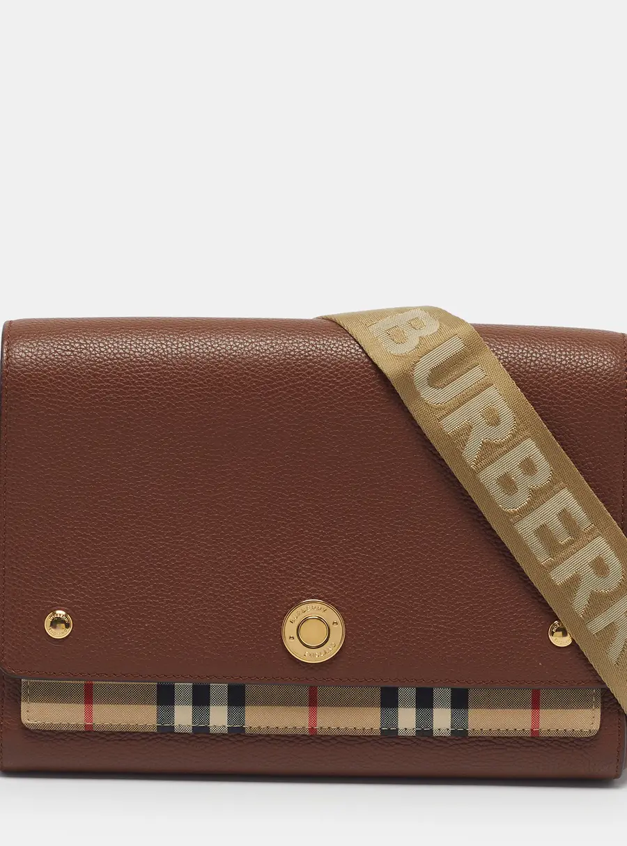 Burberry Note Medium Brown/Beige Check Fabric and Leather Crossbody Bag