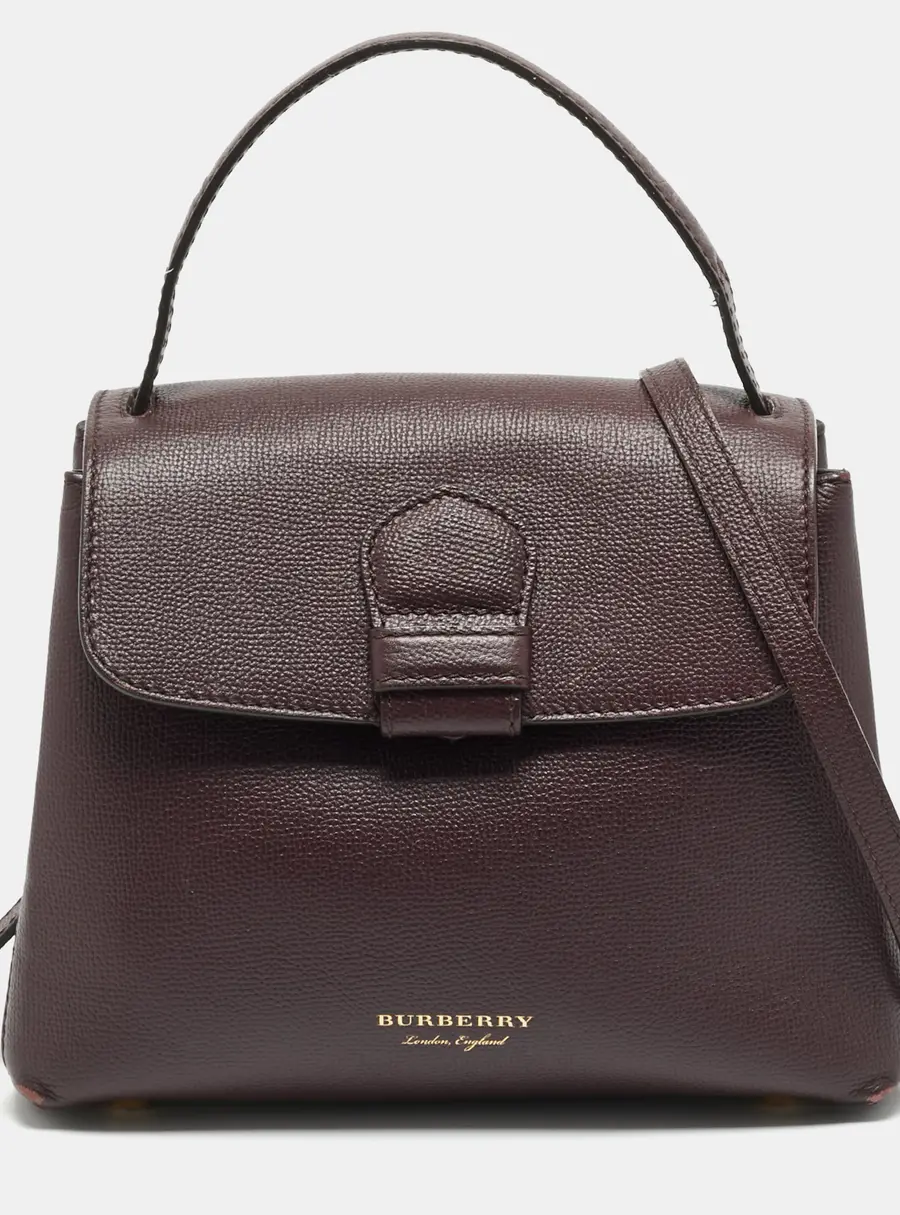 Burberry Camberley Small Burgundy/Beige Leather and House Check Fabric Top Handle Bag