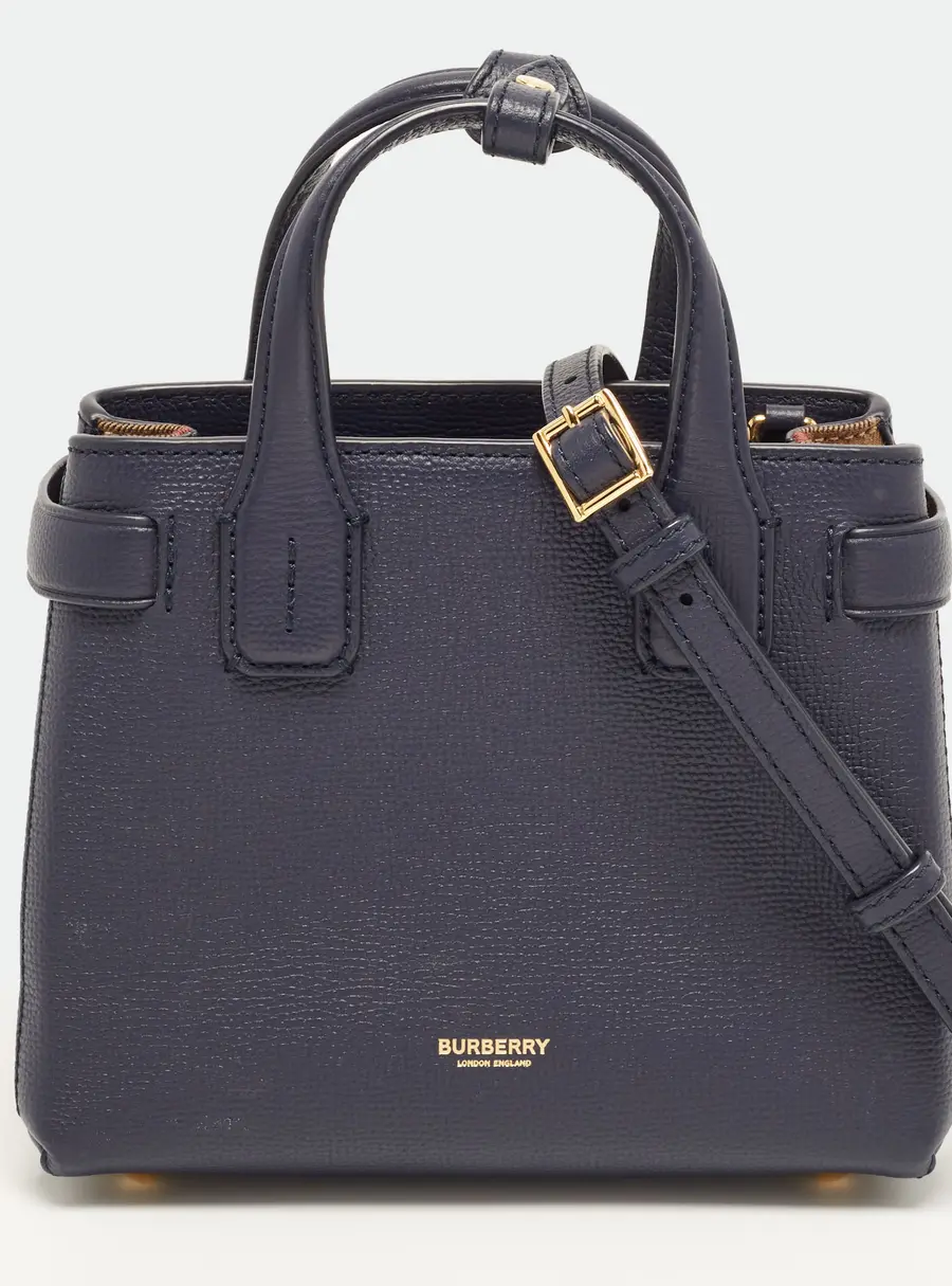 Burberry Banner Small Navy Blue/Beige Leather and Check Fabric Tote