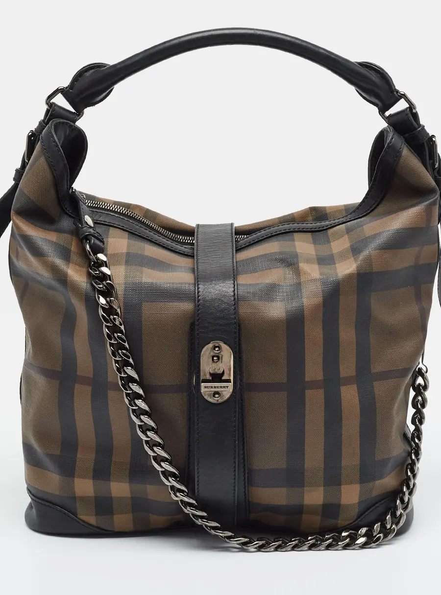 Burberry Black Smoked Check PVC and Leather Chain Detail Hobo