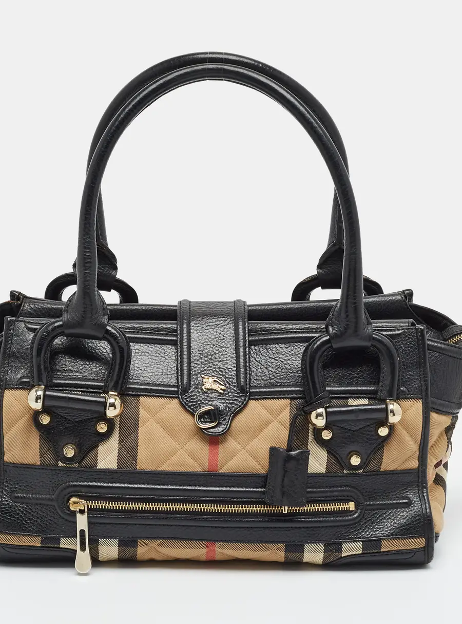 Burberry Manor Beige/Black Quilted Nova Check Canvas and Leather Satchel