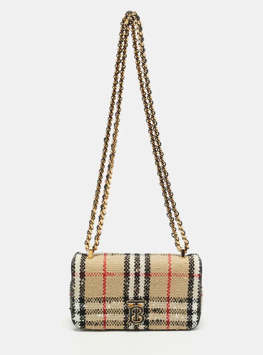 Burberry Mini Lola Chain Beige/Black House Check Wool Crossbody Bag