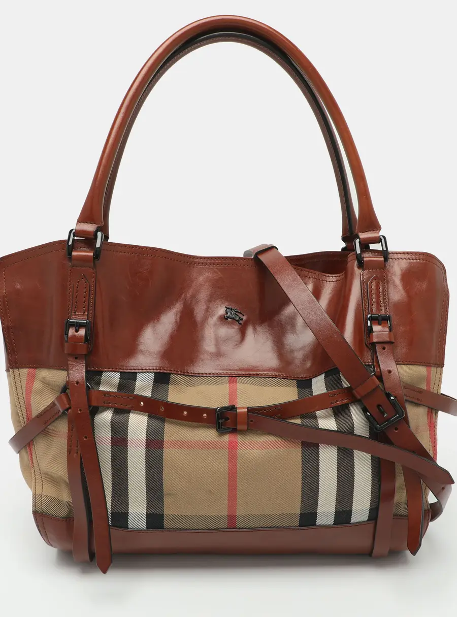 Burberry Brown/Beige Nova Check Canvas and Leather Belted Tote