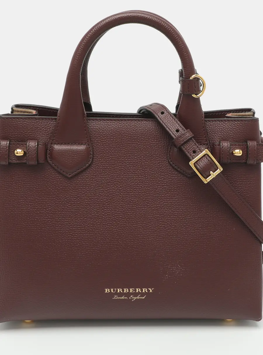 Burberry Banner Small Burgundy/Beige House Check Fabric and Leather Tote