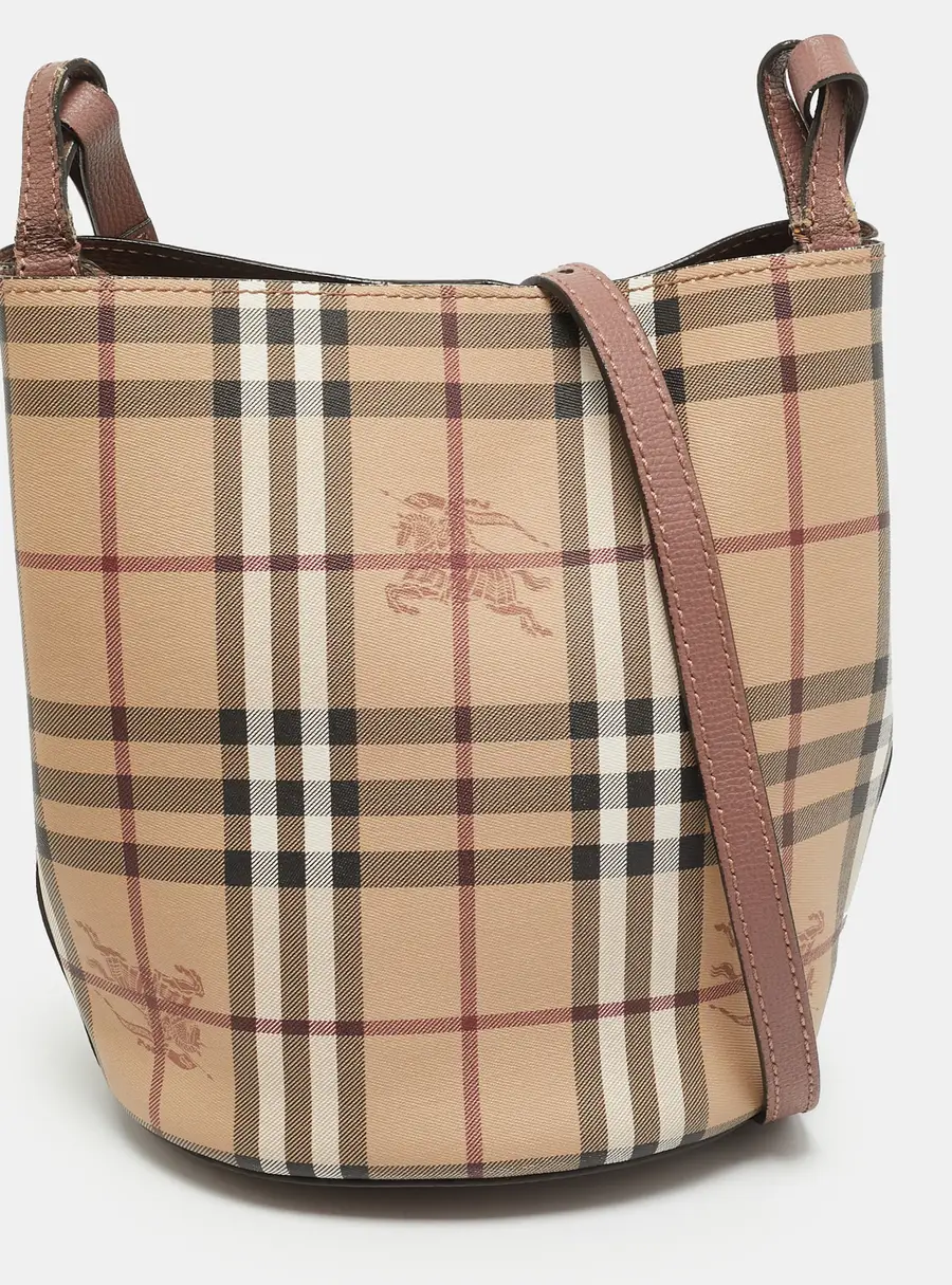 Burberry Lorne Beige/Pink Haymarket Check Coated Canvas and Leather Bucket Bag