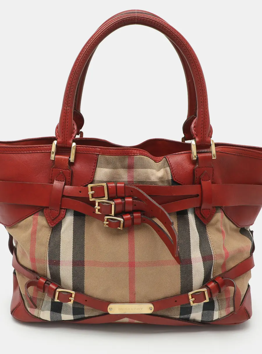 Burberry Bridle Lynher Medium Red/Beige House Check Canvas and Leather Tote
