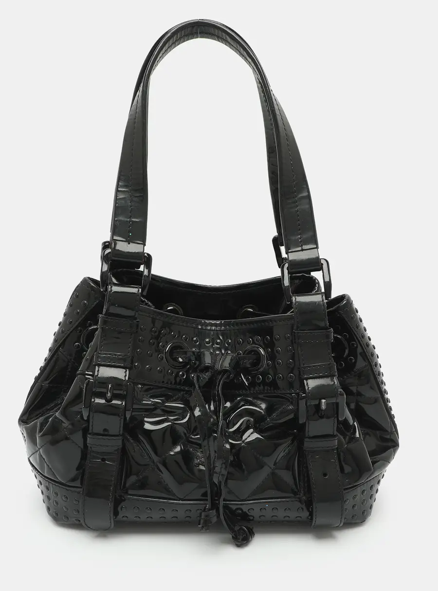 Burberry Black Quilted Patent Leather Drawstring Studded Tote