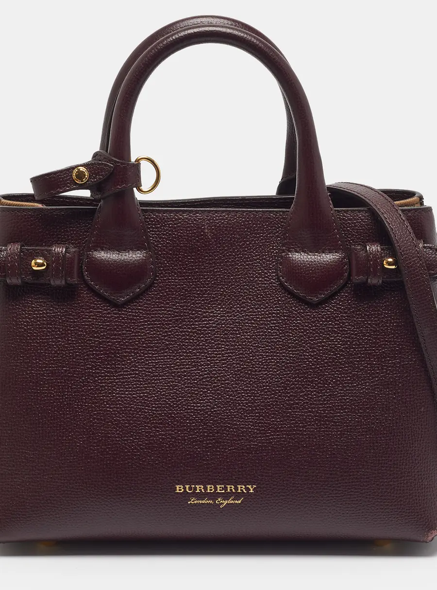 Burberry Banner Small Burgundy/Beige Leather and Nova Check Canvas Tote