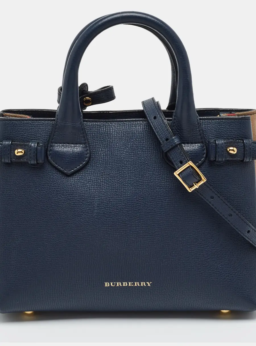 Burberry Banner Small Navy Blue/Beige House Check Fabric and Leather Tote