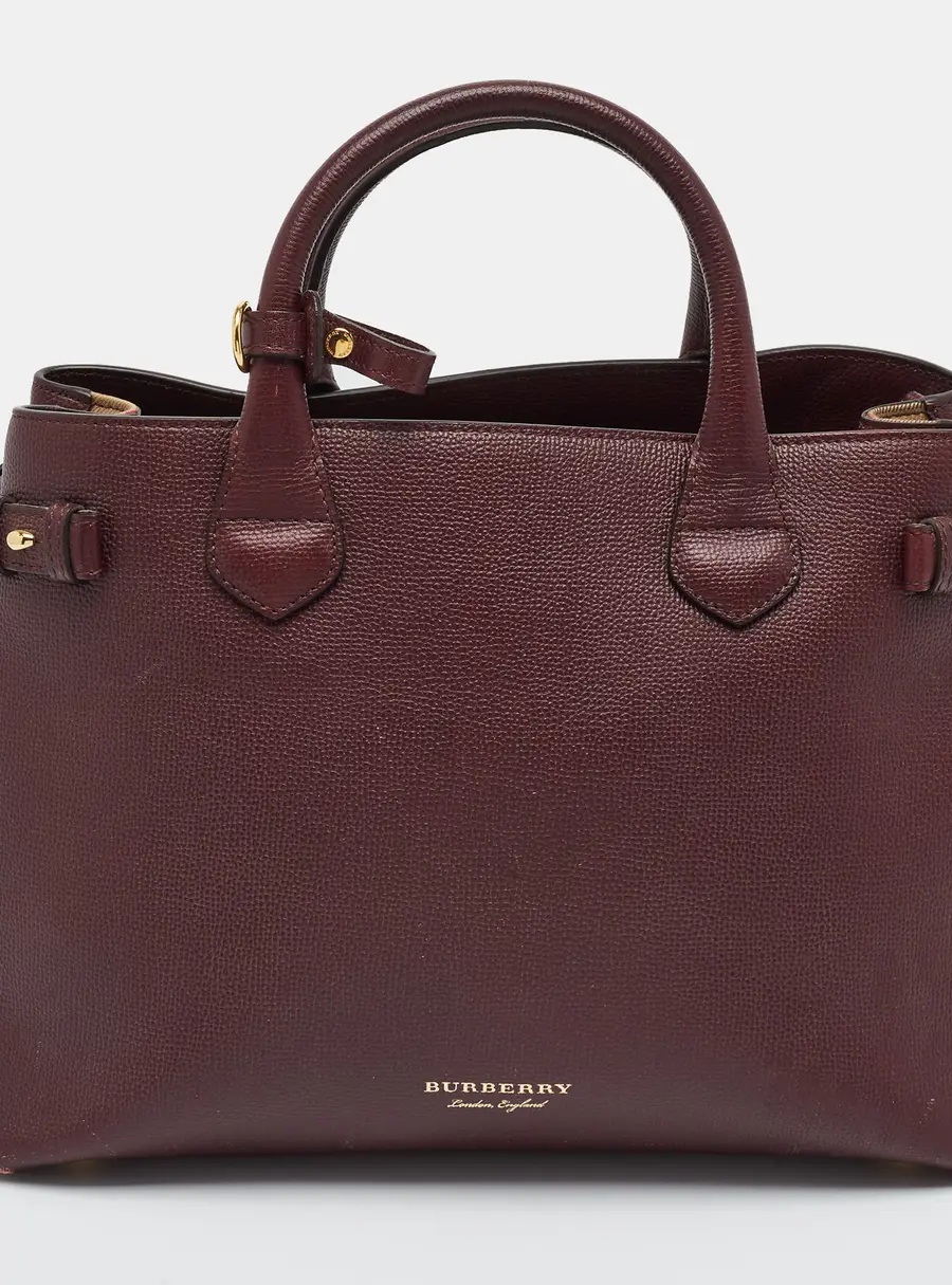 Burberry Banner Medium Burgundy/Beige Leather and House Check Canvas Tote