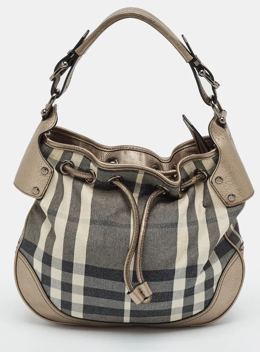 Burberry Pewter Drawstring Metallic Shimmer Check Fabric and Leather Hobo