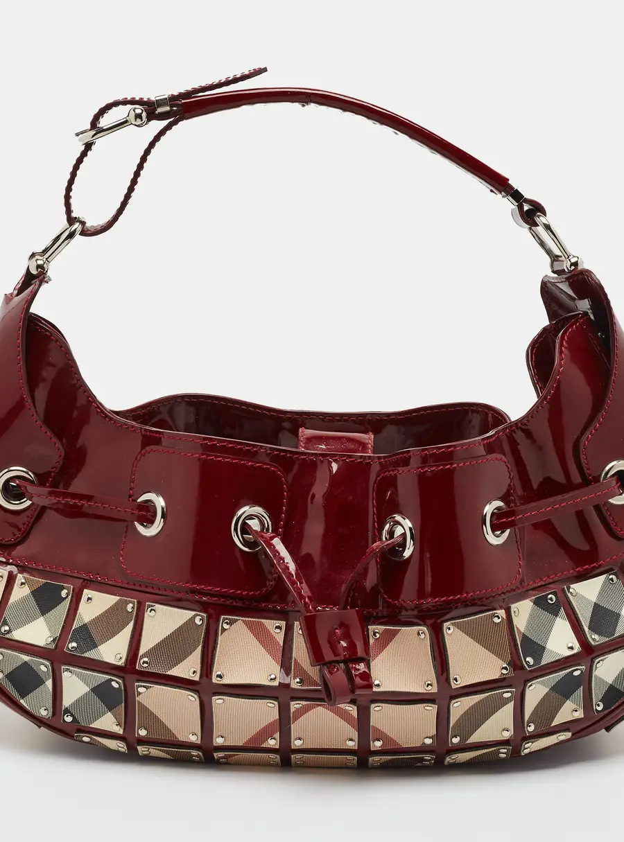 Burberry Warrior Studded Mini Red/Beige Super Nova Check Patent Leather Hobo