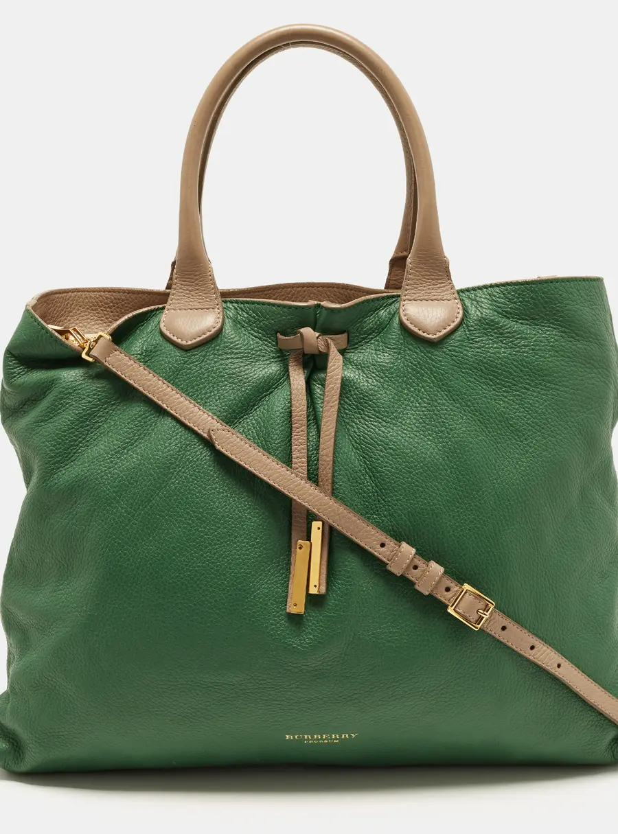 Burberry Green/Beige Leather Zip Tote