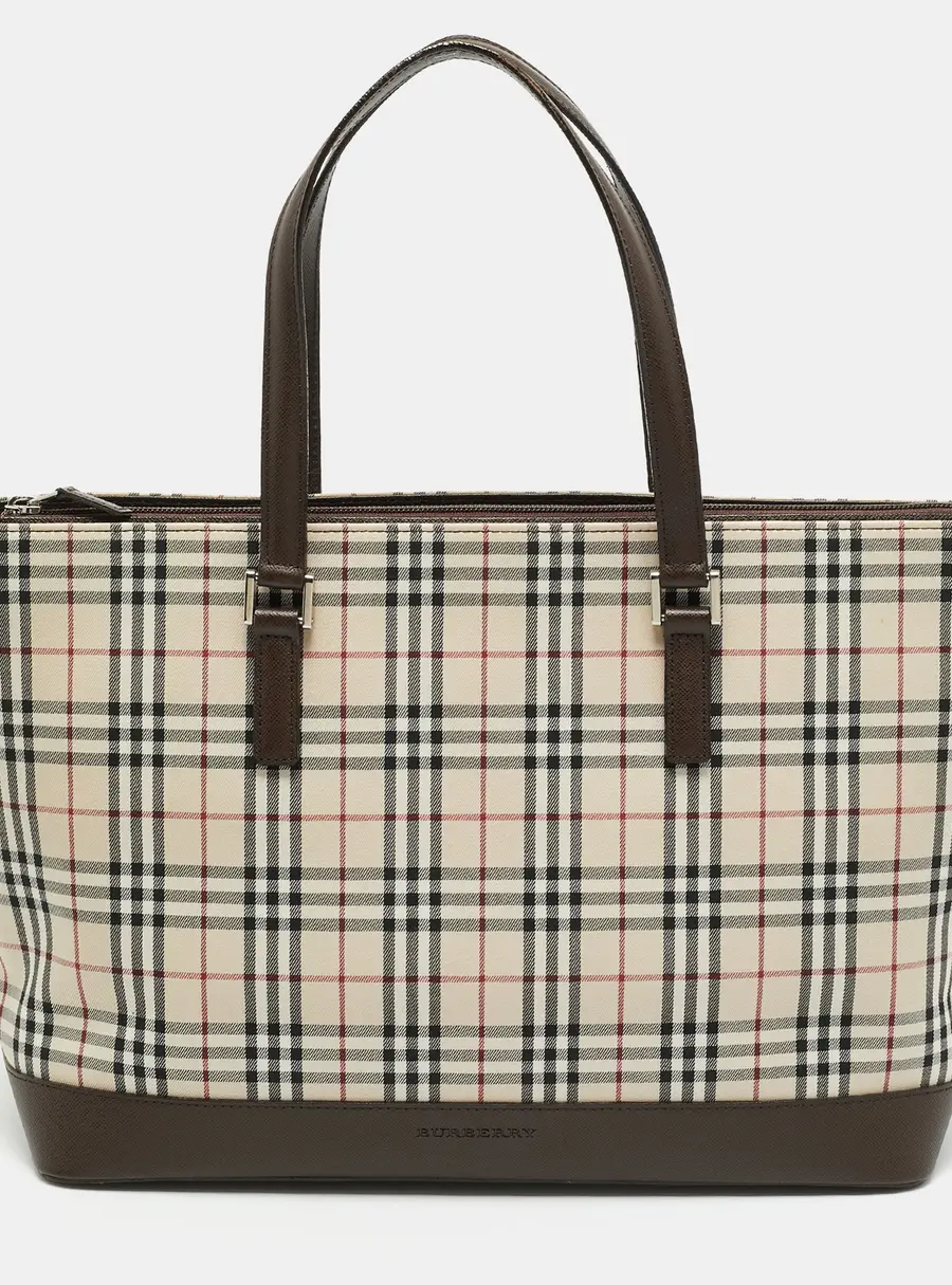 Burberry Brown/Beige House Check Fabric and Leather Zip Tote