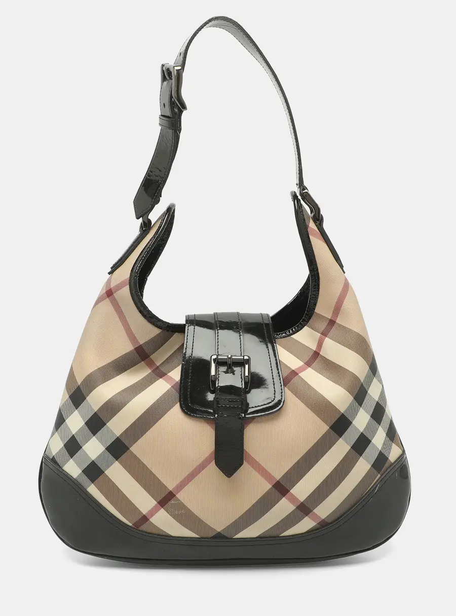 Burberry Brooke Black/Beige Nova Check PVC and Patent Leather Hobo