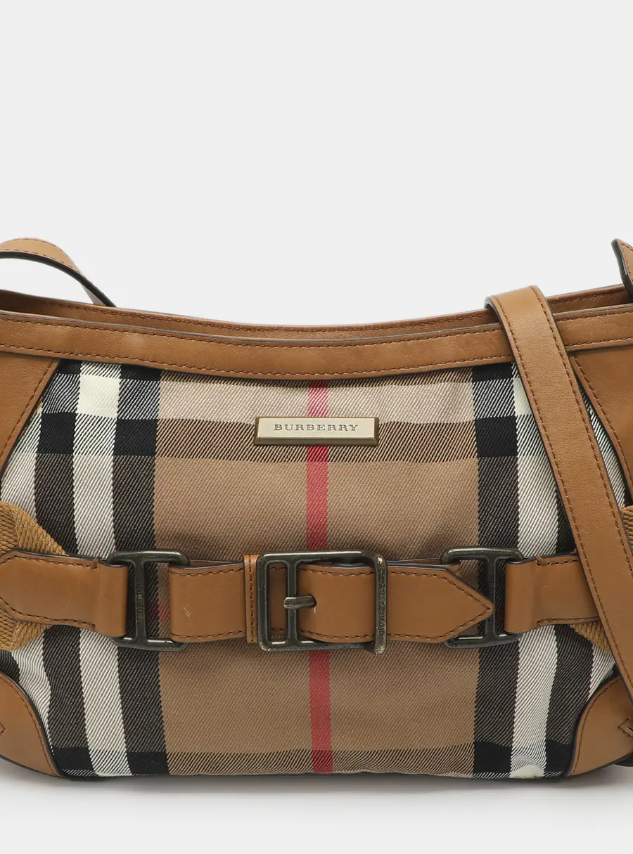 Burberry Tan/Beige House Check Canvas and Leather Crossbody Bag