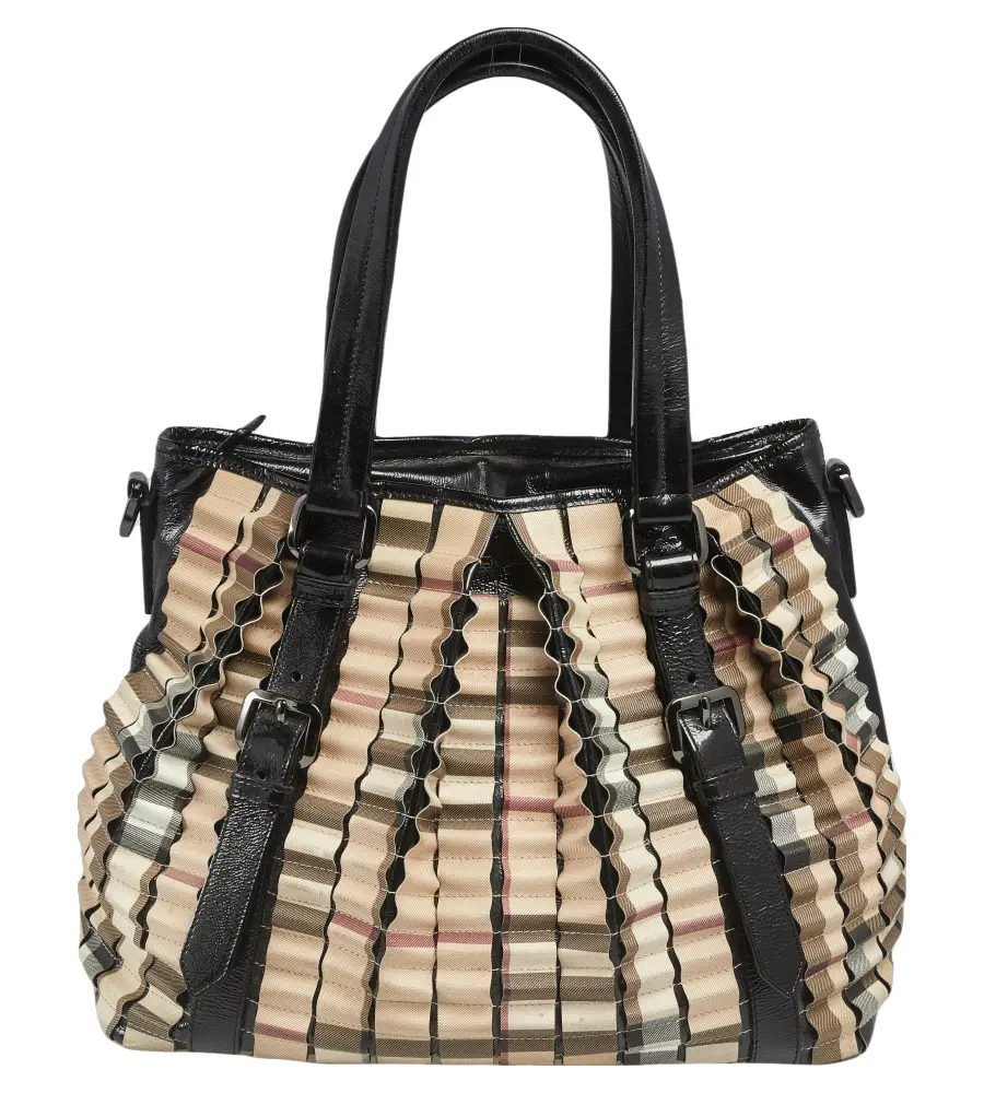 Burberry Black/Beige House Check PVC and Patent Leather Lowry Ruffled Tote