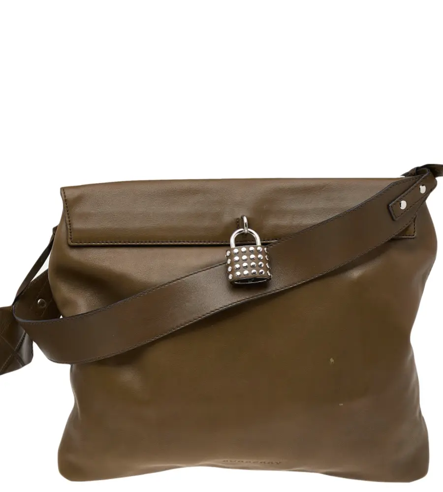 Burberry Olive Green Leather Studded Lock Messenger Bag