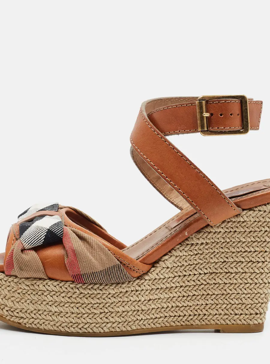 Burberry Nova Check Size 38 Beige Canvas and Leather Wedge Sandals