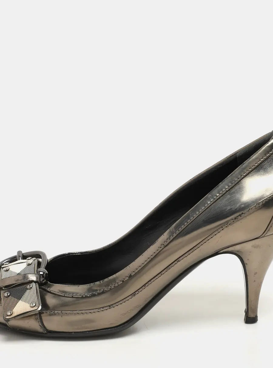 Burberry Metallic Leather and Check Coated Canvas Buckle Embellished Pumps Size 38