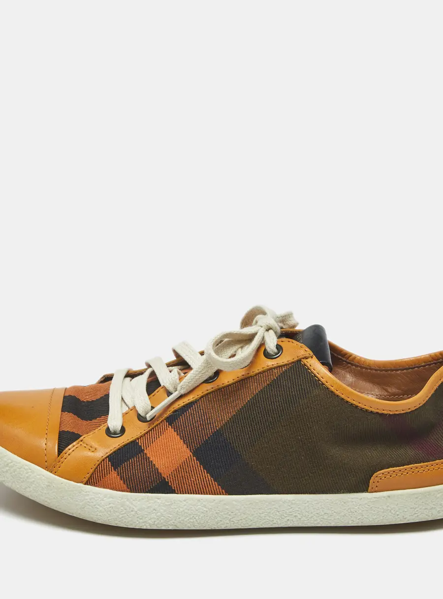 Burberry Orange Check Canvas and Leather Harrowby Sneakers Size 38