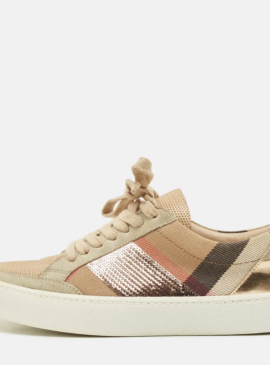 Burberry Beige/Rose Gold House Check Canvas and Suede Salmond Sequins Low Top Sneakers Size 36