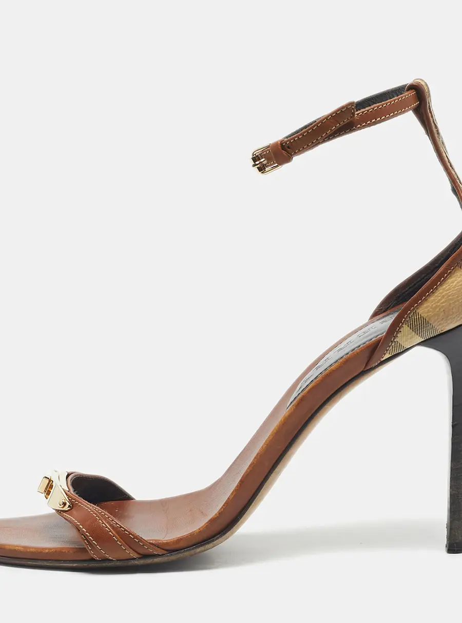 Burberry Brown/Beige House Check Canvas And Leather Ankle Strap Sandals Size 40