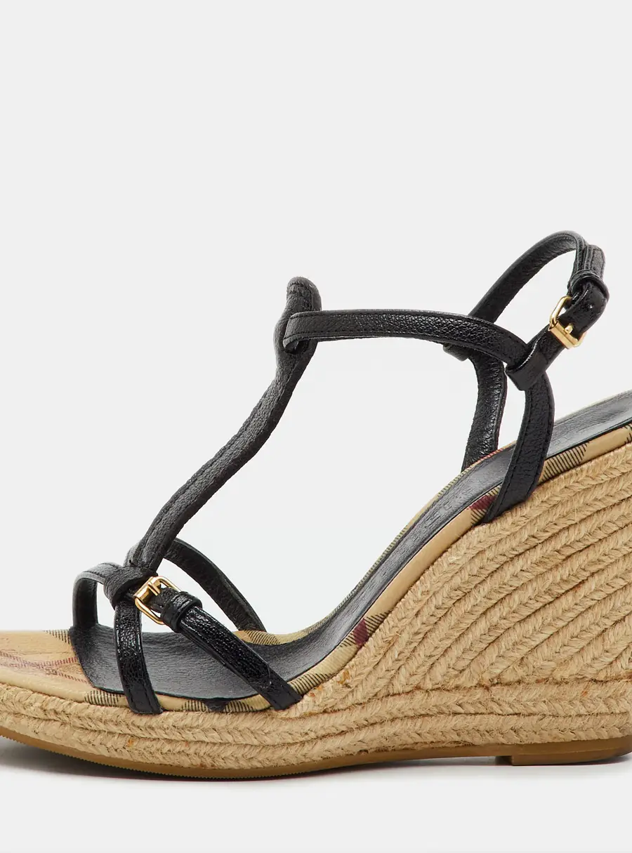 Burberry Beige/Black Leather and Haymarket Check Coated Canvas Espadrille Wedge Sandals Size 38
