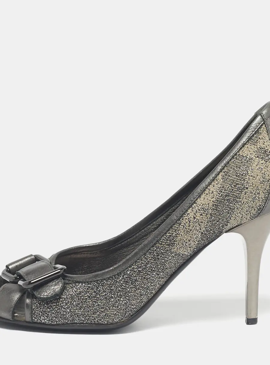 Burberry Grey/Beige Canvas and Leather Buckle Peep Toe Pumps Size 37