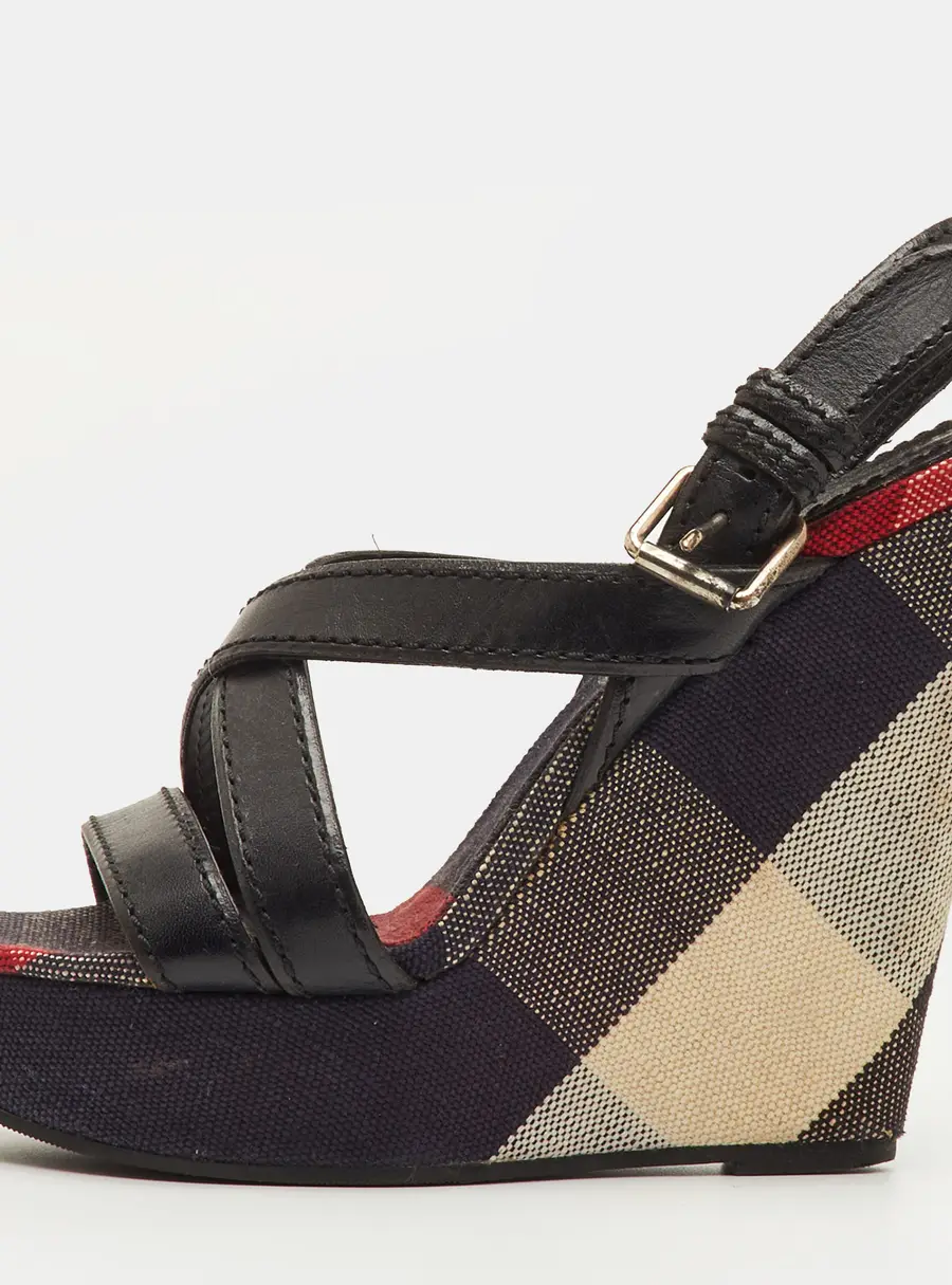 Burberry Warlow Size 39 Black Leather and Nova Check Canvas Platform Wedge Sandals