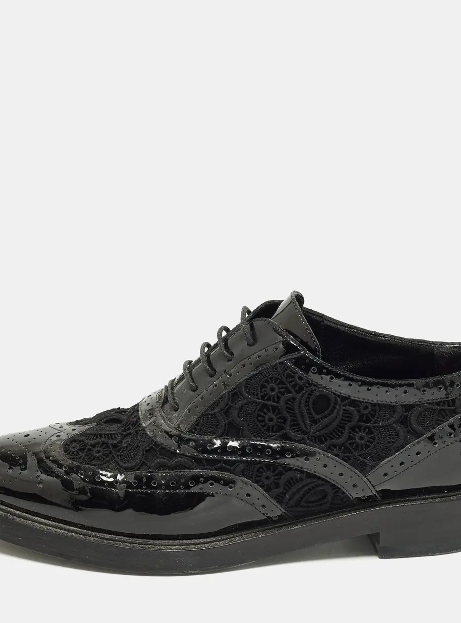 Burberry Size 37 Black Lace, Mesh and Patent Leather Brogues