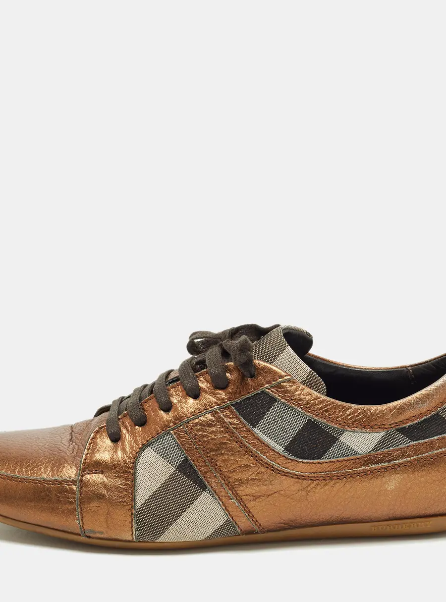 Burberry novacheck Size 37 Metallic Bronze Canvas and Leather Lace Up Sneakers