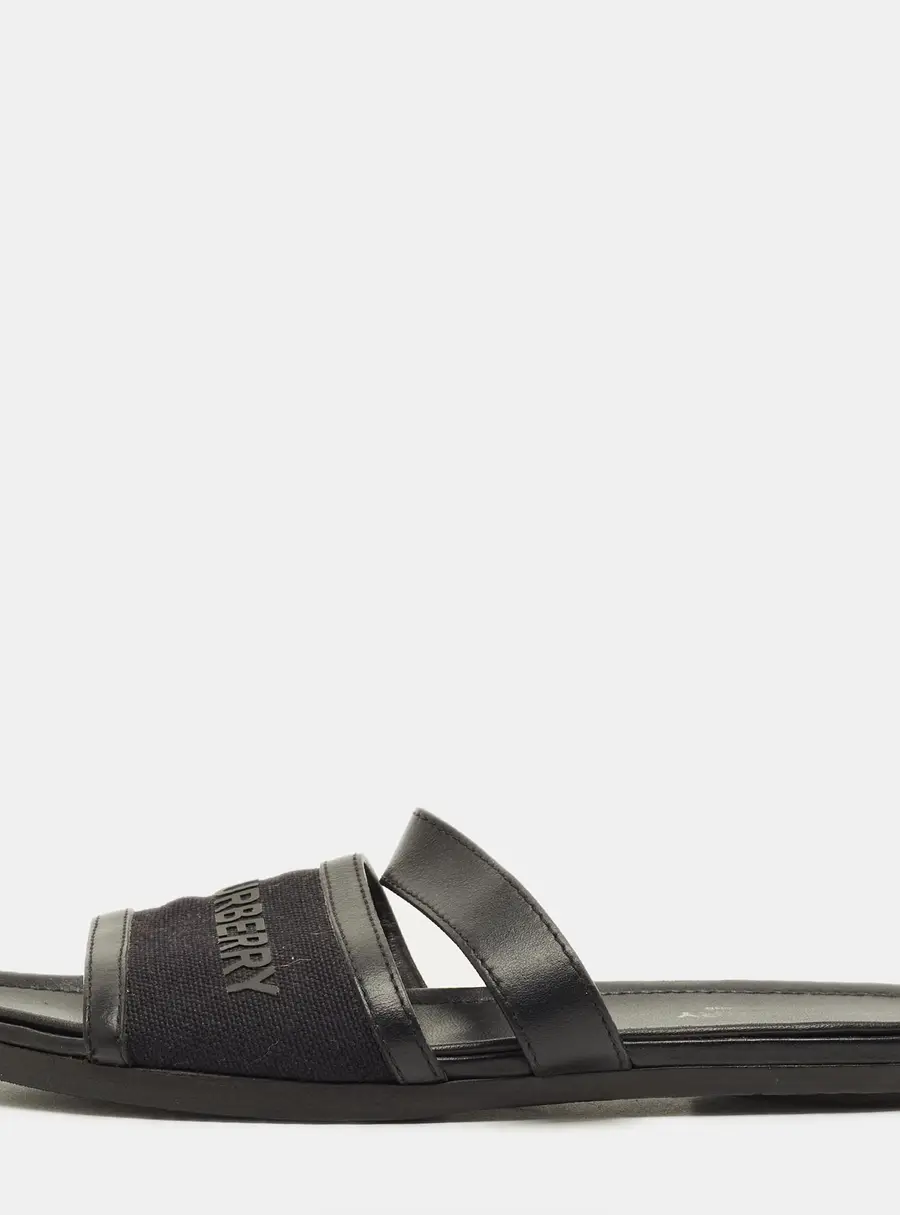 Burberry Black Canvas And Leather Flat Slides Size 38
