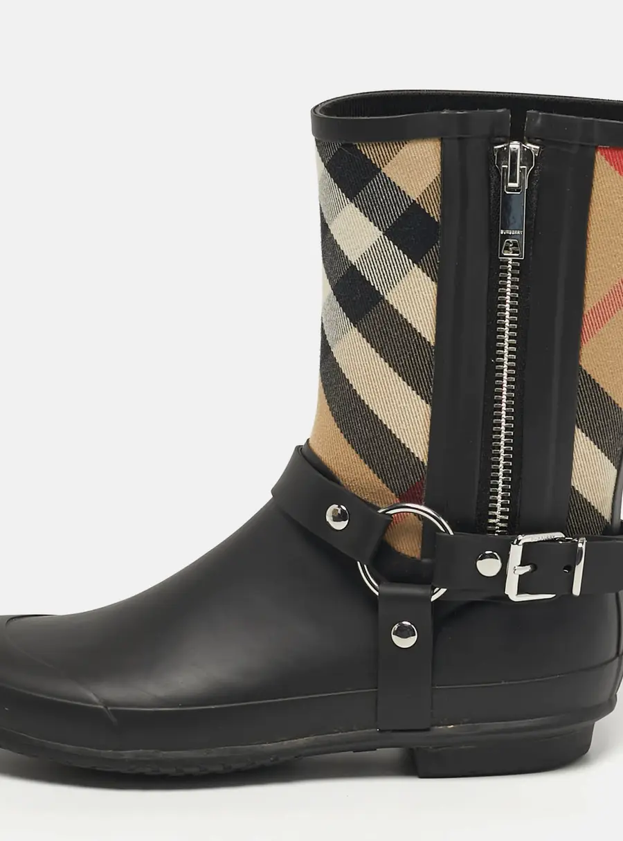Burberry Check Size 39 Black Leather and Rubber Rain Boots