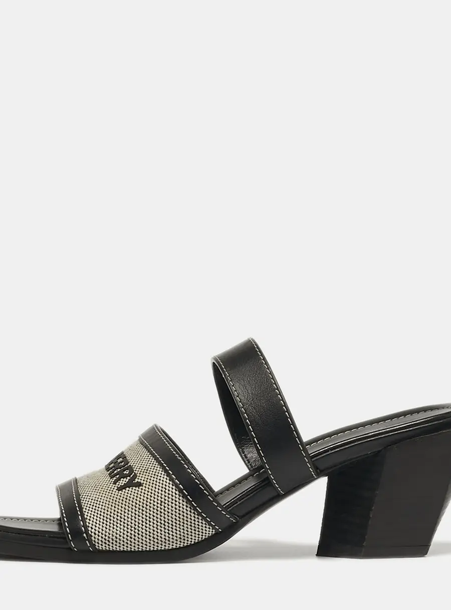 Burberry Honour Size 37 Black/White Canvas and Leather Slide Sandals