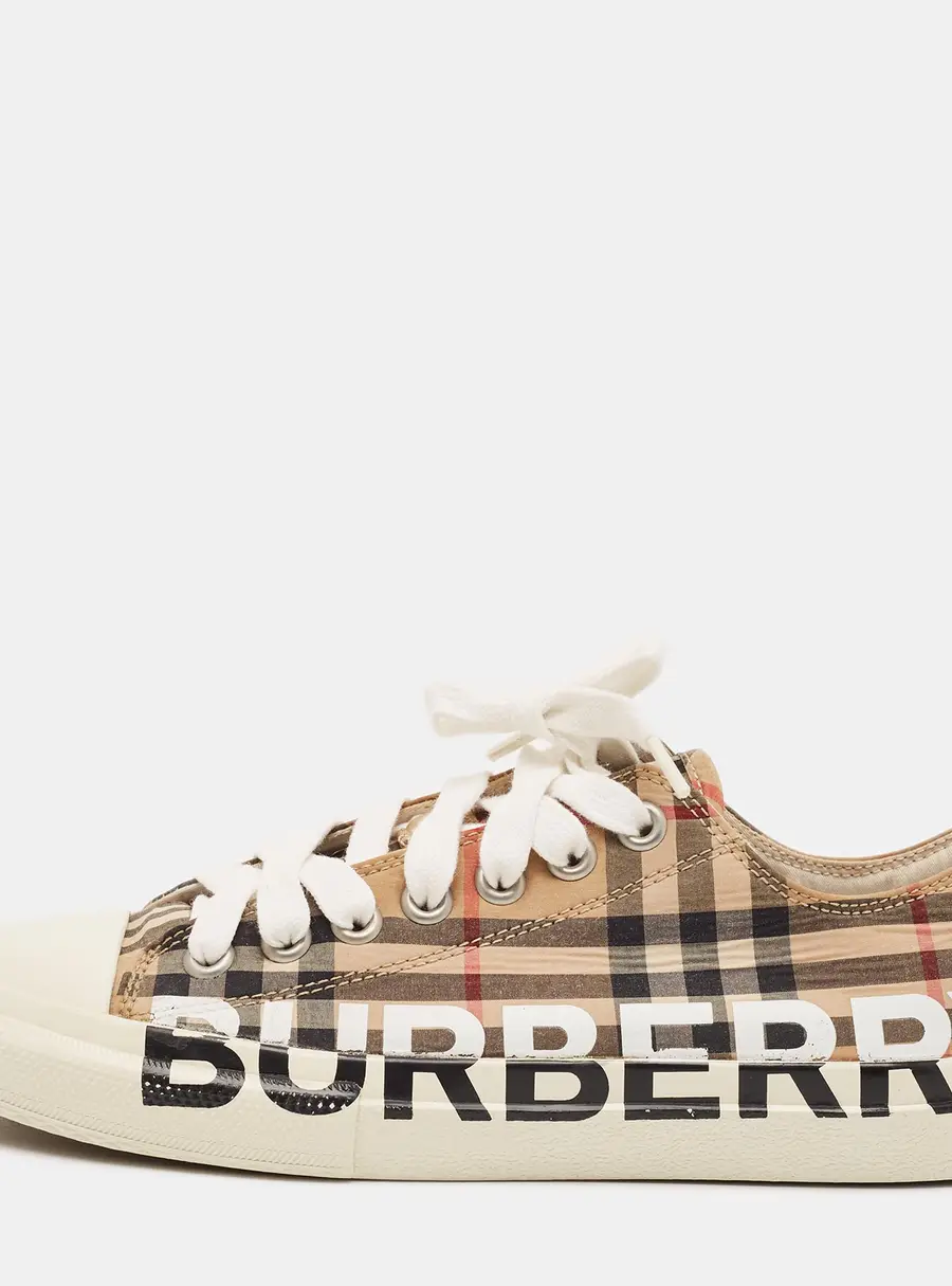 Burberry Check Size 40.5 Beige Canvas and Rubber Logo Print Low Top Sneakers