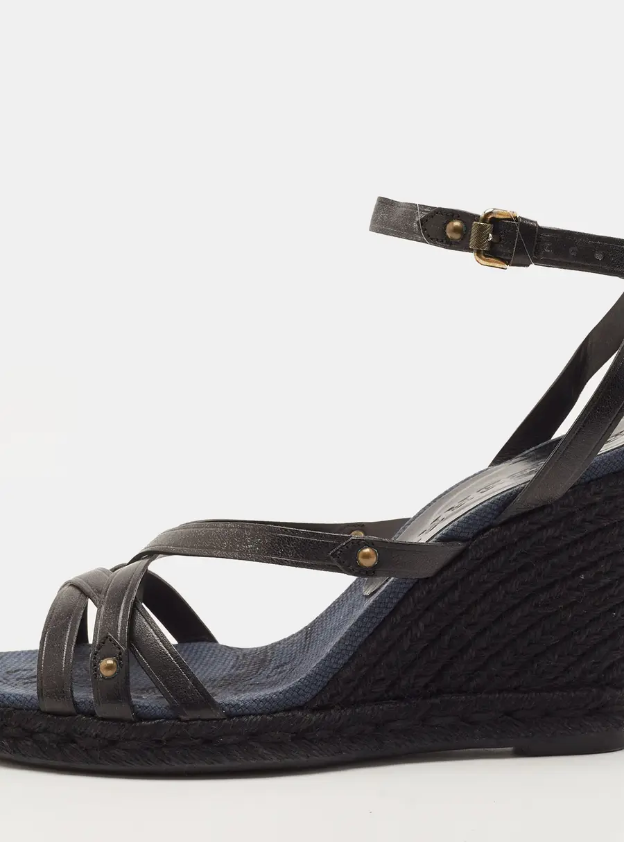 Burberry Size 37 Black Leather Wedge Sandals