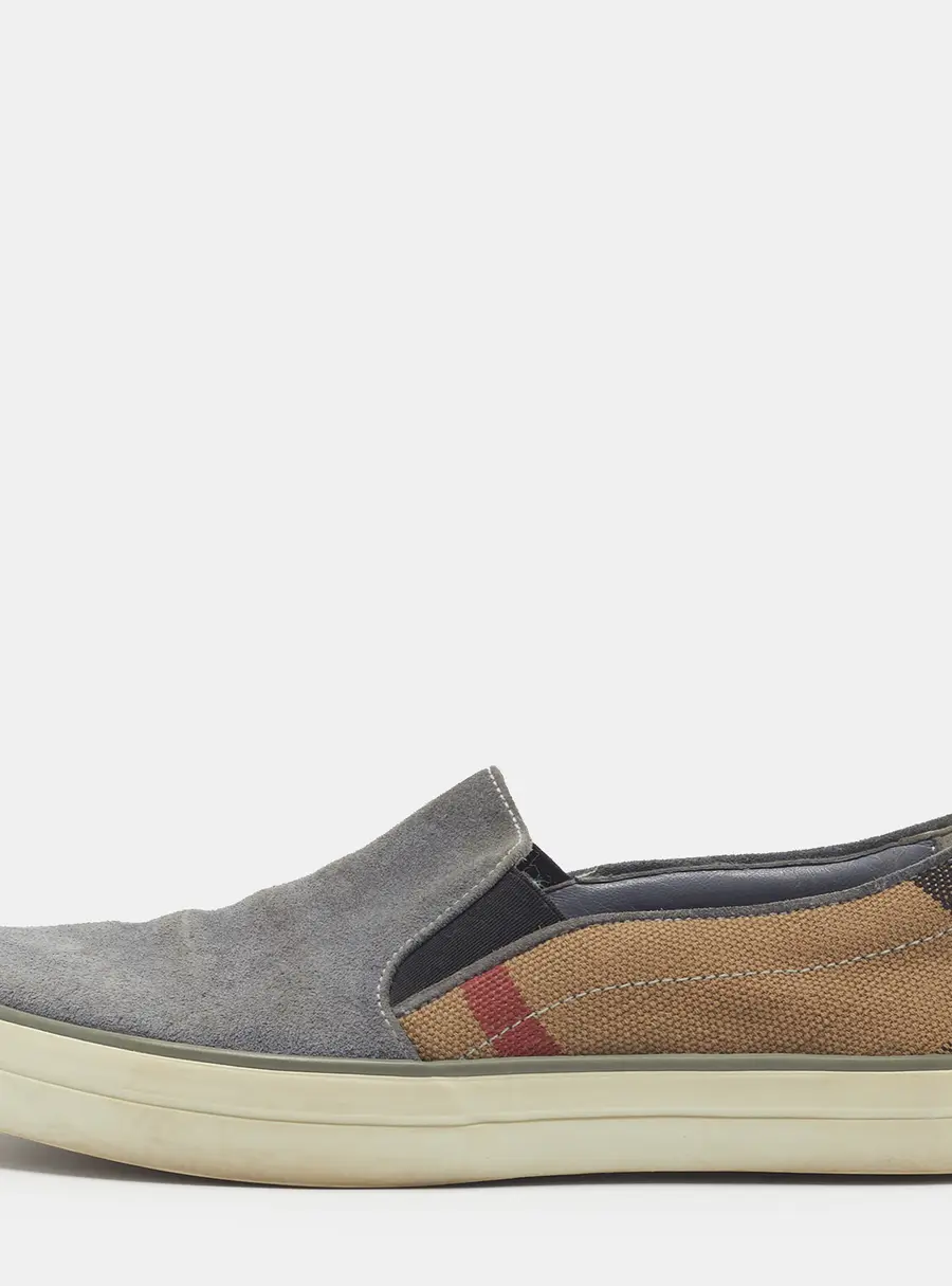 Burberry Size 37 Blue/House Check Canvas and Suede Slip On Loafers