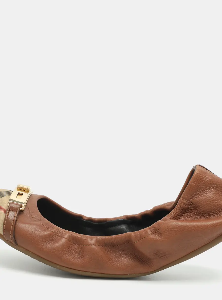 Burberry Size 38 Brown/Beige Nova Check Canvas And Leather Scrunch Ballet Flats