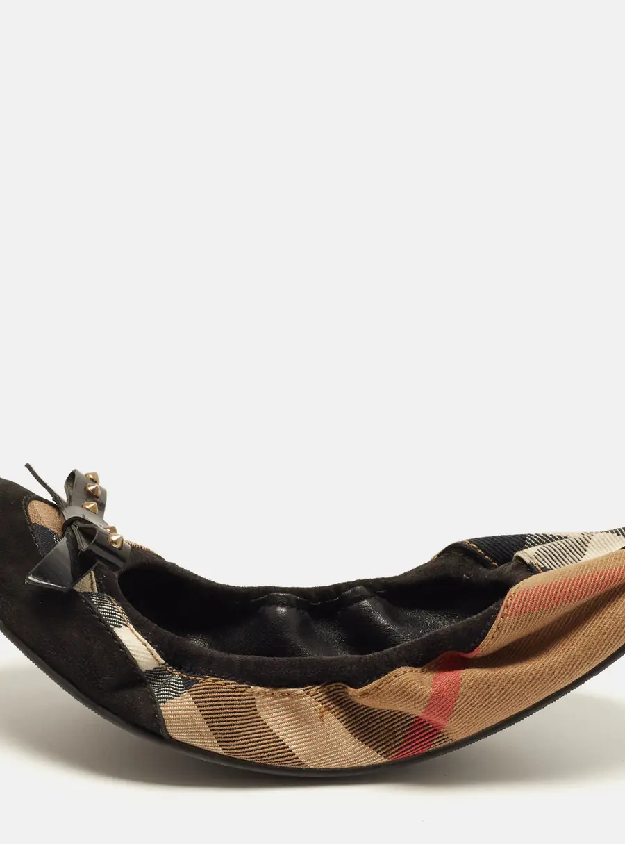 Burberry Check Size 40 Black/Beige Canvas and Suede Ballet Flats