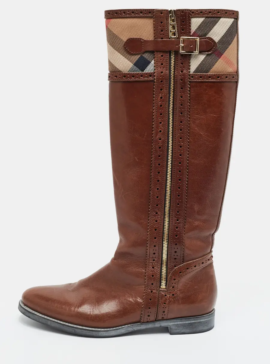 Burberry Bridle Size 39 Brown Leather and Nova Check Canvas Knee Length Boots