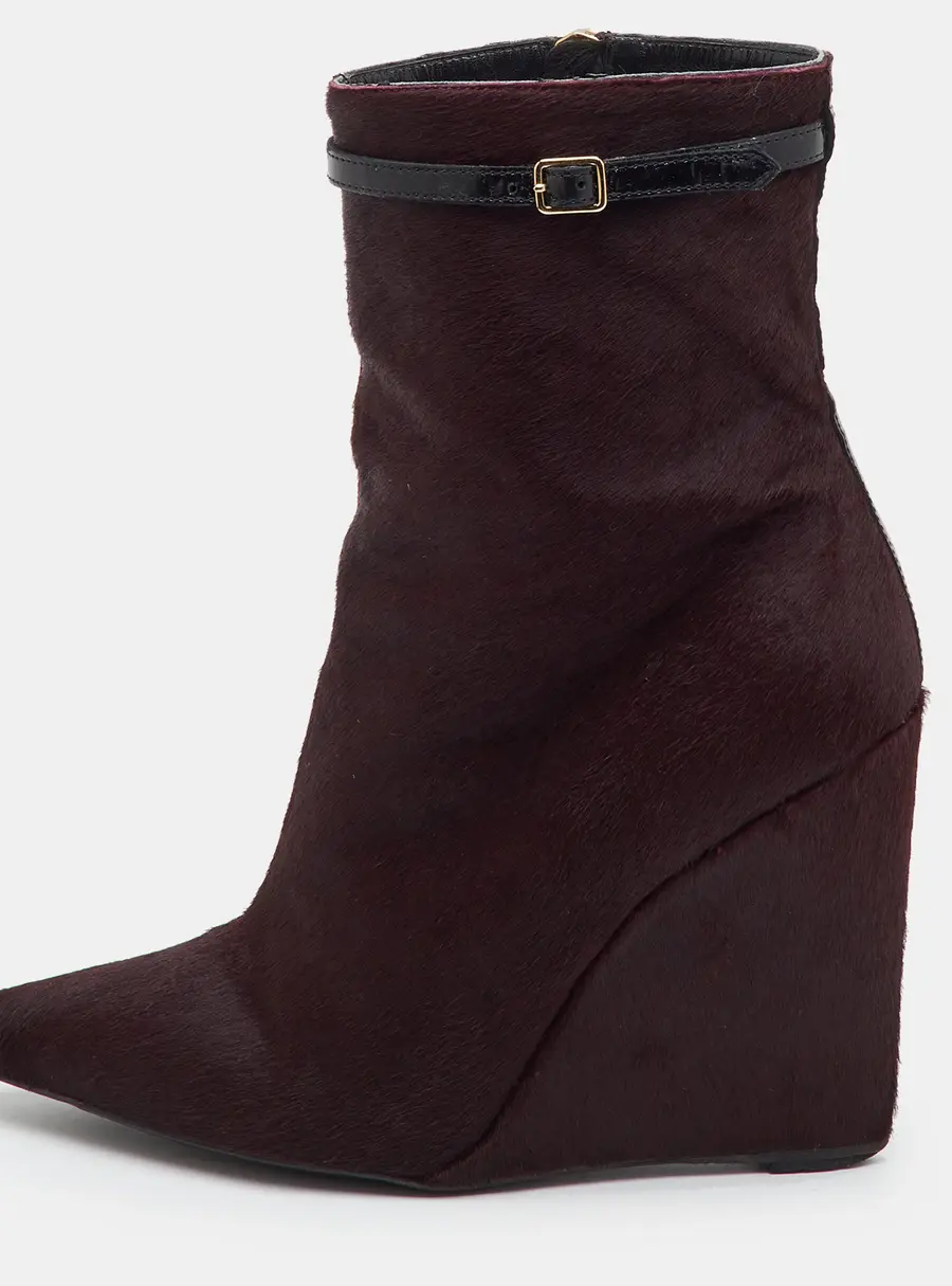 Burberry Size 37 Burgundy Calf Hair and Patent Leather Wedge Ankle Length Boots