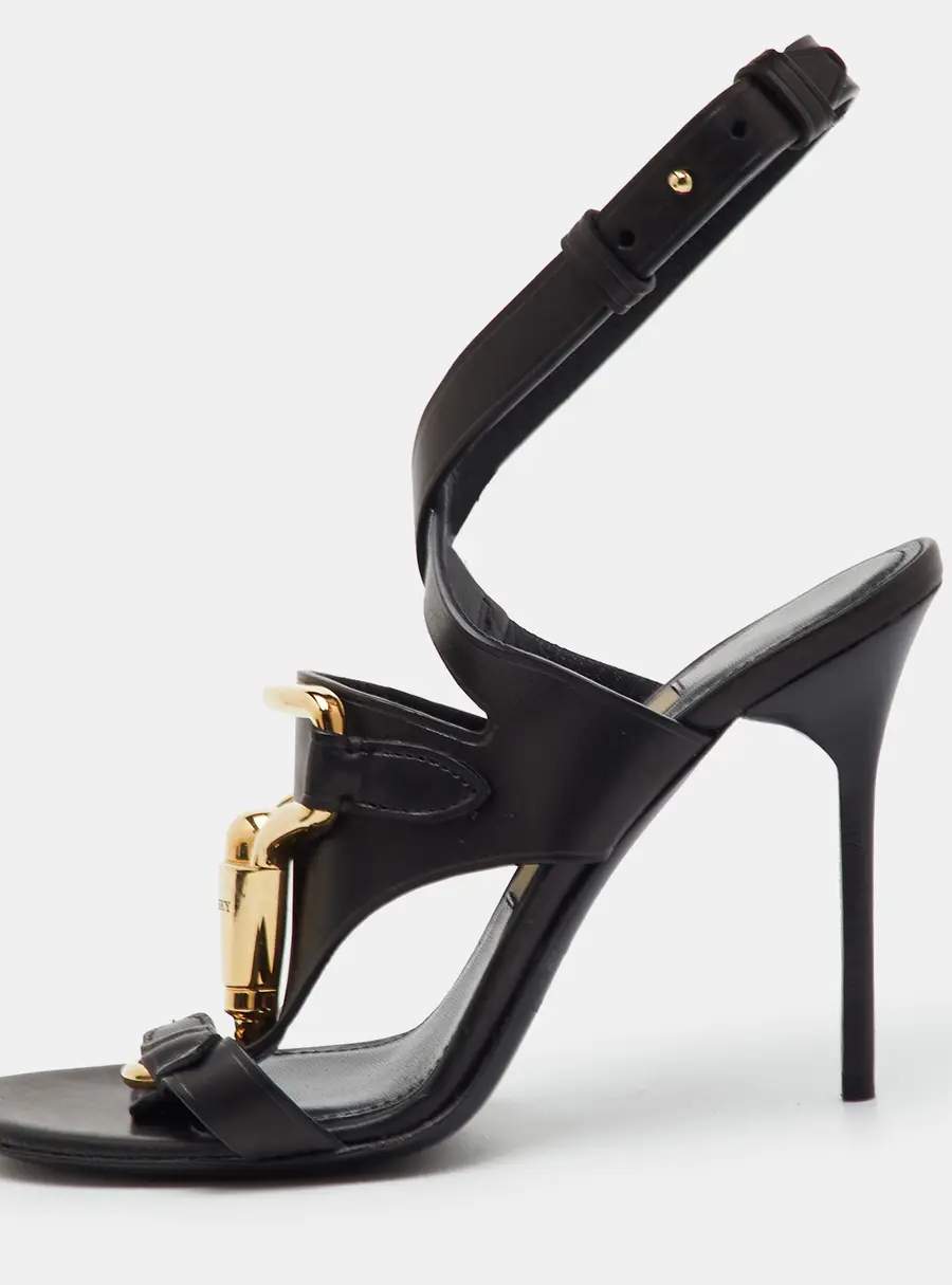 Burberry Horse Clip Bridle Size 36.5 Black Leather Ankle Strap Sandals