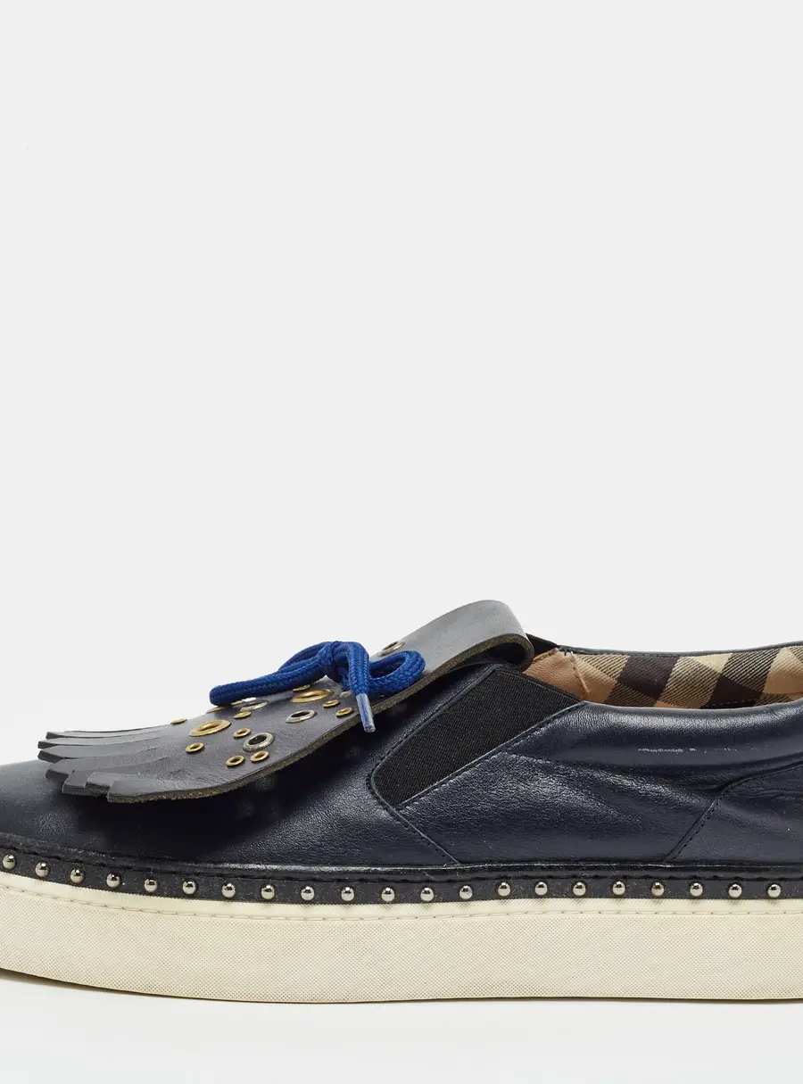 Burberry Kiltie Size 40 Black Leather Fringe Slip On Sneakers