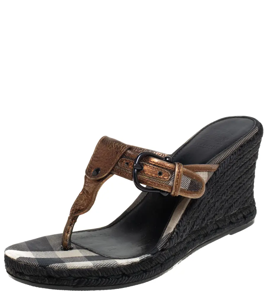 Burberry Metallic Bronze Leather Wedge Espadrille Thong Slide Sandals Size 39