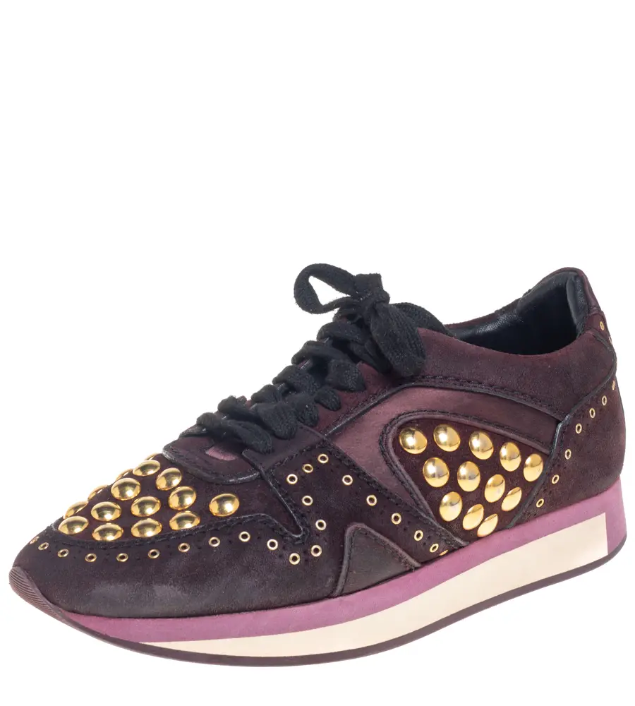 Burberry Burgundy Suede And Satin Studded Low Top Sneakers Size 38