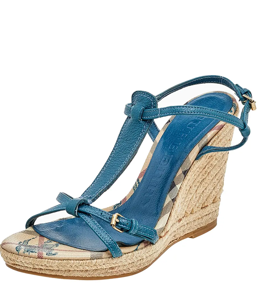 Burberry Blue Leather Strappy Espadrille Platform Wedge Sandals Size 37