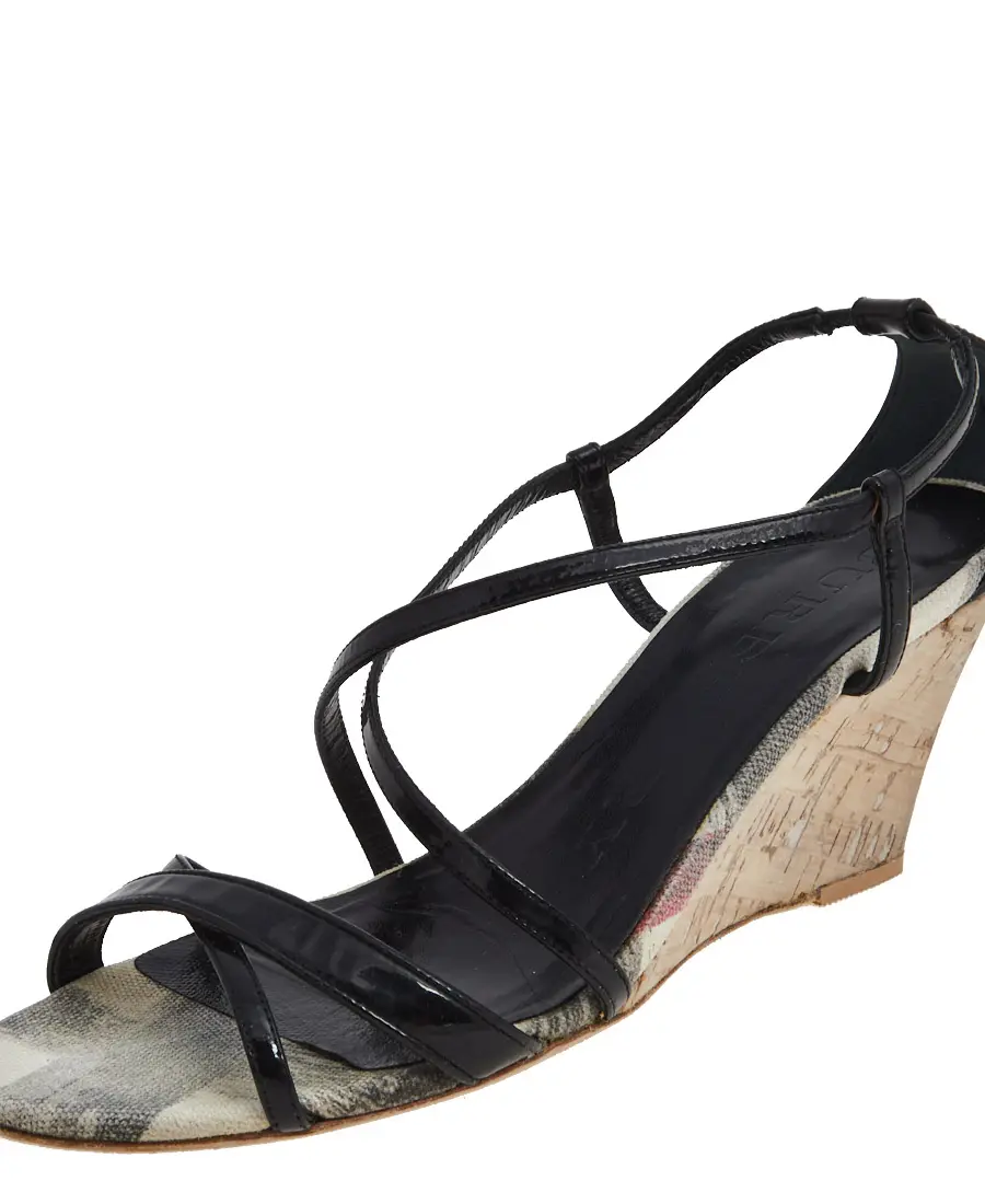 Burberry Black Patent Leather Criss Cross Open Toe Cork Wedge Sandals Size 38