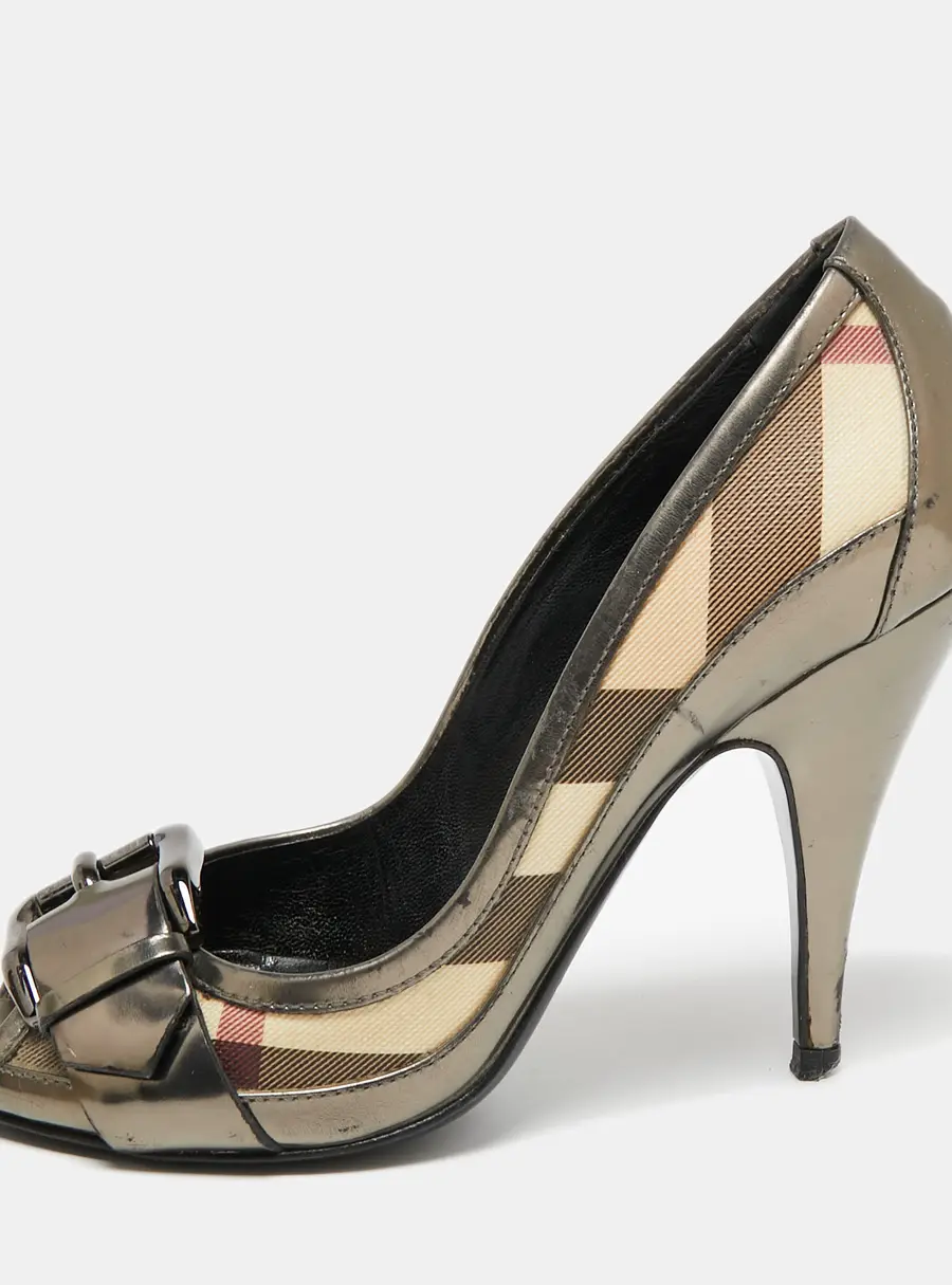 Burberry Metallic Grey Leather And House Check Canvas Buckle Peep Toe Pumps Size 37