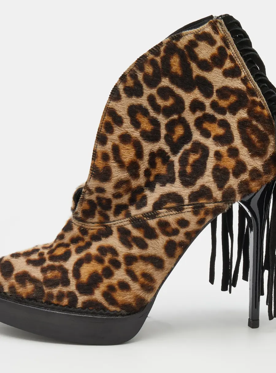 Burberry Beige/Brown Leopard Print Calf Hair Fringe Ankle Boots Size 37